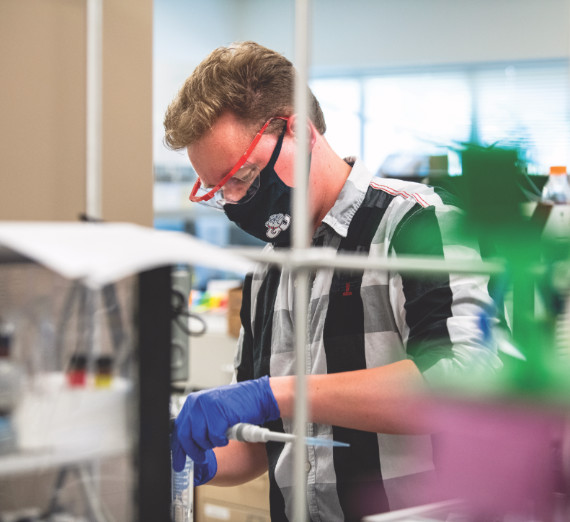 شخصان يدرسان نباتًا في دفيئة.